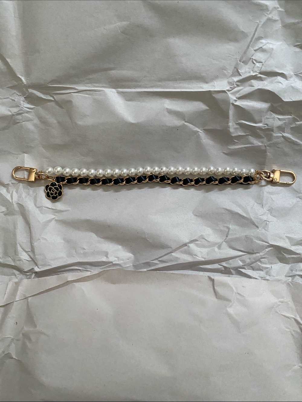 Pearl and Black purse Chain with Floral Charm - Picture 1 of 4